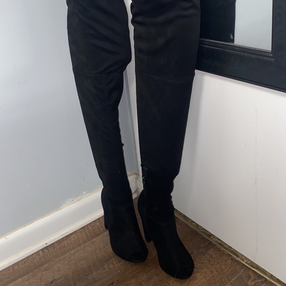 BLACK SUEDE OVER THE KNEE PEEP TOE BOOTS WITH CHUNKY HEEL SZ 7.5 - Picture 8 of 12